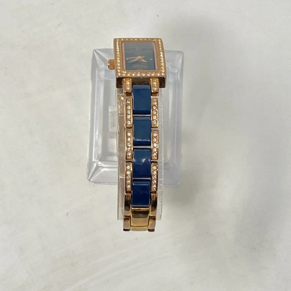 Armitron Tank Watch Women 17mm Rose Gold Tone Navy Ceramic Bling New Batt 6.75